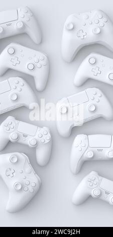 Set of lying gamer joysticks or gamepads on monochrome background with blur. 3d rendering of accessories for live streaming concept top view Stock Photo
