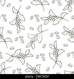 Coffee branches and beans botanical seamless pattern. Coffee vintage background. Hand engraved branch with coffee beans. Print for textile, packaging Stock Vector