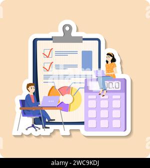 Accounting staff sticker illustration. Accounting department composition with financial documents folders reports statements tax calculator cash Stock Vector