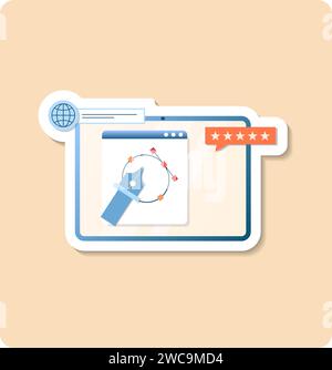 Project management sticker illustration. Pen, gear, stars, screen. Editable vector graphic design. Stock Vector