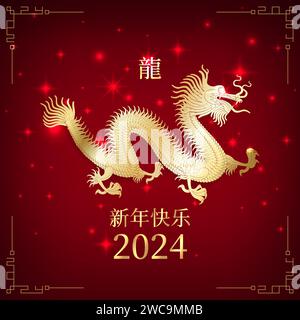 Happy chinese new year 2024, 24. Golden dragon. Zodiac sign on red background. Greetind invitation card. Festival banner design. Translation happy new Stock Vector