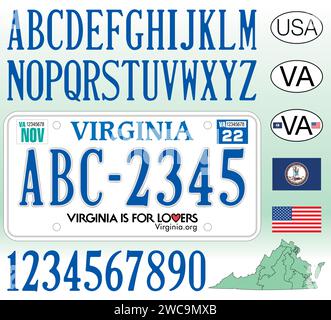 Virginia car license plate pattern, letters, numbers and symbols, vector illustration, USA, United States Stock Vector
