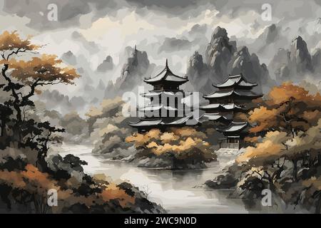 Chinese ink painting traditional castle Stock Vector