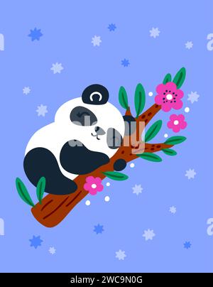 Cute panda. Cartoon greeting card. Animal character sleeping on eucalyptus branch. Sweet dream. Asian mammal. Adorable Chinese jungle bear. Teddy Stock Vector