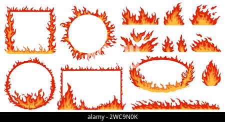 Flames frames. Different shapes of curved fires. Round, oval and square fiery borders. Hot red bonfires. Geometric burning forms. Flaming combustion Stock Vector