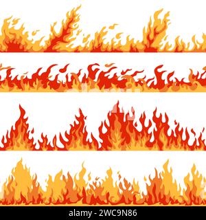 Cartoon fire borders. Seamless flamed dividers. Different burning directions and intensity. Hot red linear bonfires. Danger flaming. Hell blazing Stock Vector