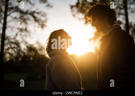Portrait of happy loving couple in park in sunset. Couple in silhouette looking at each other. Stock Photo