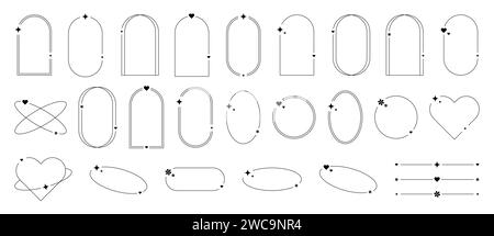 Aesthetic frames in the trendy y2k style with an aura and dividers. Set of round, oval and arched borders. Minimalistic isolated vector elements on white background. Stock Vector