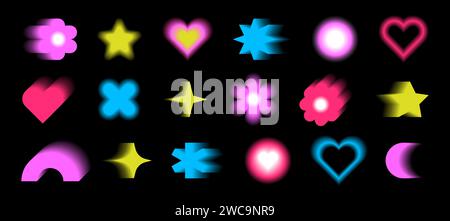 Y2k blurred gradient elements. Flowers, hearts and geometric trendy shapes. Vector bright forms on a black background. Stock Vector