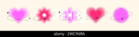 Y2k trendy gradient elements with aura. Aesthetic shapes with blur hearts, flowers and circle. Vector forms on a beige background. Stock Vector