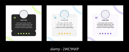 Customer review post template. Client feedback text in a box and rating with stars. Preparation of testimonials for a social media or website. Stock Vector