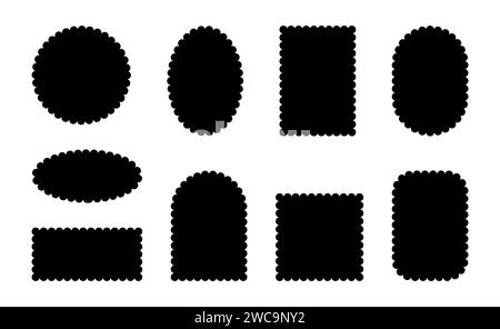 Scallop frame. Silhouettes of lace edges border elements. Design vector collection of isolated geometric shapes of circles, ovals and rectangles on a white background. Stock Vector