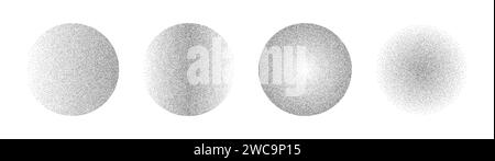 Gradient noise circles made of grains and dots. Halftone round pattern elements with gradation from dark to light. Vector isolated illustration on white background. Stock Vector