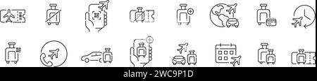 Airport and flight icons. Tickets, buying extra luggage, renting a car or hailing a taxi. Pixel perfect icon Stock Vector