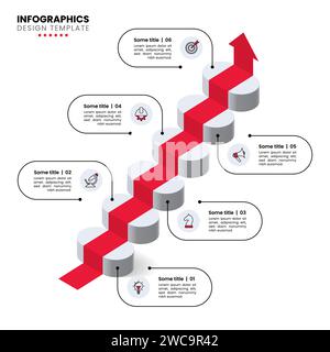 Infographic template with 6 options or steps. Isometric staircase and red carpet. Can be used for workflow layout, diagram, webdesign. Vector illustra Stock Vector