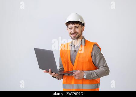 portrait isolated friendly architect with notebook on white background Stock Photo