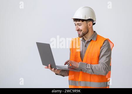 portrait isolated friendly architect with notebook on white background Stock Photo