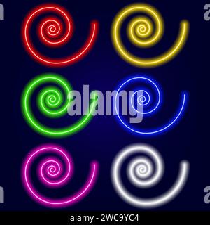 Vector elements multicolored neon spirals for graphic designers. Glowing neon in the shape of a snail Stock Vector