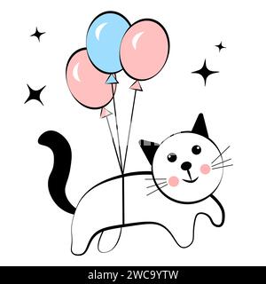 Cat flying on balloons. Doodle Stock Vector