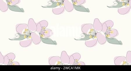 Line art Apple tree blossom, Vector seamless pattern. Endless Spring floral background, Wallpaper, Cover, Wrapping paper. Botanical color template for Stock Vector