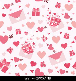 Valentines Hearts with gift boxes and Love messages on pink background. Vector seamless pattern for Happy Mothers, Valentines Day, Romantic Greeting c Stock Vector