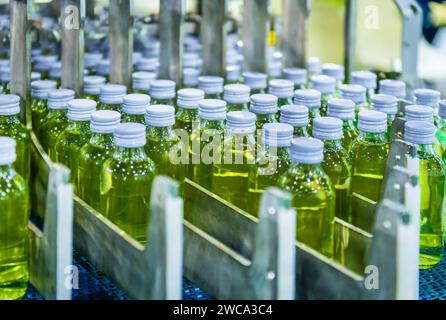 Transfer of glass bottles on automatic conveyor systems Industrial automation for packaging Stock Photo