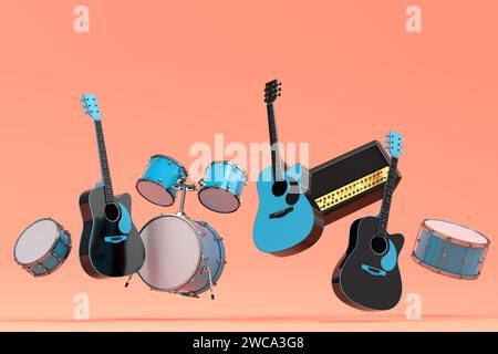 Set of electric acoustic guitars and drums with cymbals on orange background Stock Photo