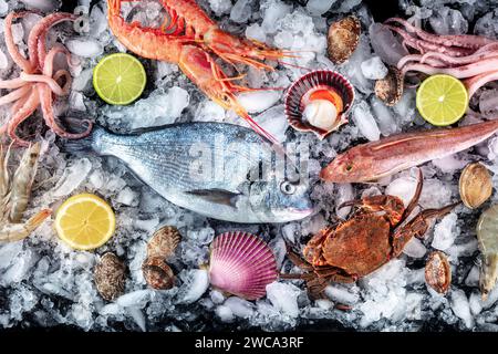 Seafood. Fresh fish and sea food on ice, overhead flat lay. An assortment of raw shrimps, scallops etc, top shot on a black background Stock Photo