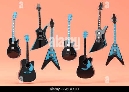 Set of electric acoustic guitars isolated on orange background. Stock Photo