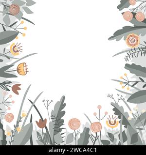 Floral doodle grass and flowers frame. Spring or Summer background for banner, poster, card, invitation and scrapbook. Vector illustration Stock Vector