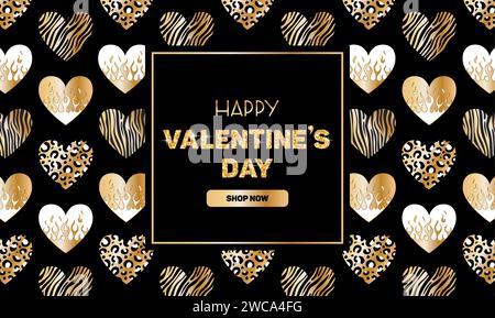 Horizontal luxury banner for Valentines Day. Metallic holographic Y2k sticker, Gold Shining gradient heart on fire, animalistic pattern. Zebra, leopar Stock Vector