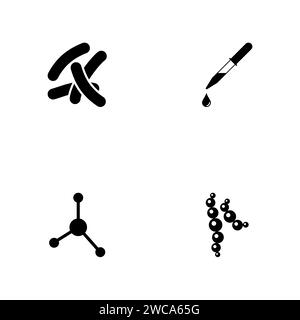 Microbe Laboratory Experiment. A set of black four solid icons isolated on a white background. Stock Vector