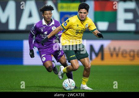 SITTARD, NETHERLANDS - JANUARY 13: Charles-Andreas Brym of Sparta Rotterdam and Ragnar Oratmangoen of Fortuna Sittard during the Dutch Eredivisie match between Fortuna Sittard and Sparta Rotterdam at Fortuna Sittard Stadion on January 13, 2024 in Sittard, Netherlands. (Photo by Orange Pictures) Stock Photo