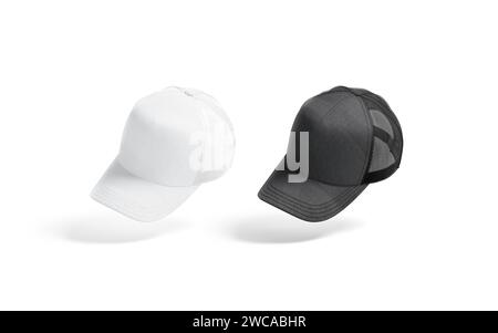 Blank black and white trucker hat mockup, no gravity, 3d rendering. Empty casual or sport unisex flannel head-dress mock up, isolated. Clear denim sna Stock Photo