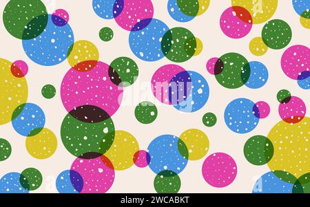 Fun abstract background with risograph effect. Colorful circles pattern. Contemporary childish doodle design. Vector multi colored confetti backdrop Stock Vector