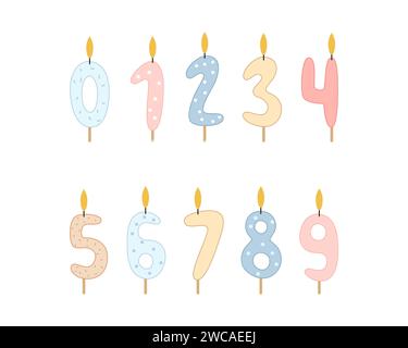 A set of candles in the form of numbers from 0 to 9 for decorating birthday cakes and cupcakes. Vector illustration on a white background. Stock Vector