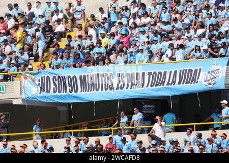 Lima, Peru. 14th Jan, 2024. Sporting Cristal's fans during the friendly match between Sporting Cristal and Universidad Catolica de Chile played at Nacional Stadium on January 14, 2024 in Lima, Peru. (Photo by Miguel Marrufo/PRESSINPHOTO) Credit: PRESSINPHOTO SPORTS AGENCY/Alamy Live News Stock Photo