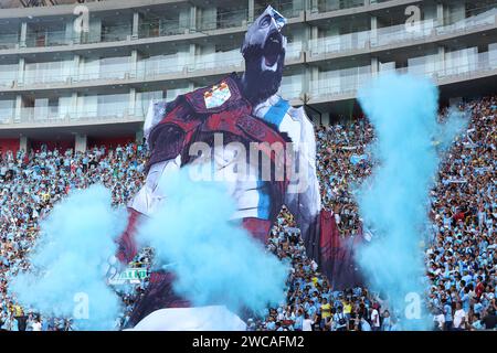 Lima, Peru. 14th Jan, 2024. Sporting Cristal fans during the friendly match between Sporting Cristal and Universidad Catolica de Chile played at Nacional Stadium on January 14, 2024 in Lima, Peru. (Photo by Miguel Marrufo/PRESSINPHOTO) Credit: PRESSINPHOTO SPORTS AGENCY/Alamy Live News Stock Photo