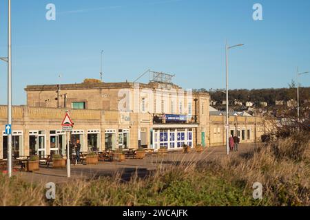 General view of the Tropicana on Weston-super-Mare seafront in North Somerset on a sunny clear day. The Tropicana has Levelling Up Fund support. Stock Photo