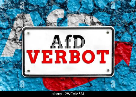 January 14, 2024: Sign on a broken wall with AfD Alternative for Germany logo with the inscription AfD Verbot FOTOMONTAGE *** Schild an einer zerbrochenen Wand mit AfD Alternative für Deutschland Logo mit der Aufschrift AfD Verbot FOTOMONTAGE Stock Photo