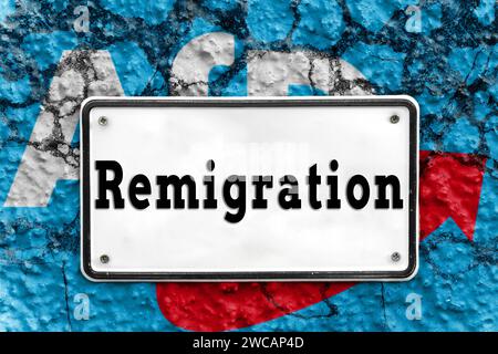 January 14, 2024: Sign on a broken wall with AfD Alternative for Germany logo with the inscription Remigration FOTOMONTAGE *** Schild an einer zerbrochenen Wand mit AfD Alternative für Deutschland Logo mit der Aufschrift Remigration FOTOMONTAGE Stock Photo