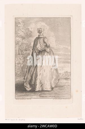 Fashion and Elegance: French Fashions of the 1720s, François Octavien, 1725 print Standing lady, seen on the back, turned slightly to the right, dressed according to the French fashion of 1725. She is wearing a 'Robe a la Watteau' that she holds with her right hand from behind. On the left a group of trees. Paris paper etching / engraving dress, gown (+ women's clothes). landscapes Stock Photo