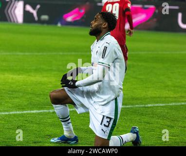 sports, football, Bundesliga, 2023/2024, Borussia Moenchengladbach vs. VfB Stuttgart 3-1, scene of the match, Theoson Jordan Siebatcheu (MG), DFL REGULATIONS PROHIBIT ANY USE OF PHOTOGRAPHS AS IMAGE SEQUENCES AND/OR QUASI-VIDEO Stock Photo