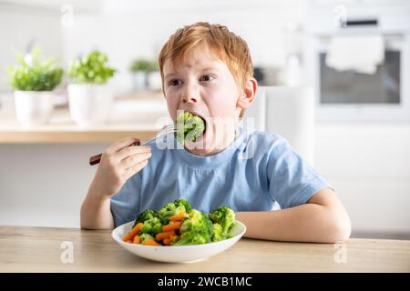 A little boy is having lunch and eating broccoli. Stock Photo