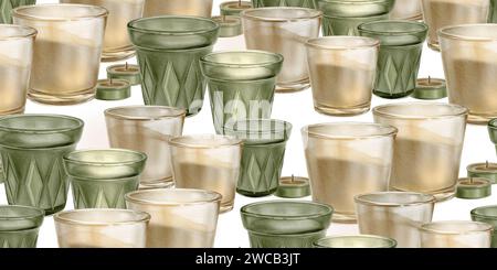 Watercolor seamless border. Candles with and without flame in glass. For your projects, prints, cards, invitations, booklets, notepads, menu, fabric Stock Photo