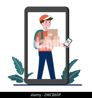Contactless cashless payment with qr code on mobile phone for delivery shopping online. Modern technologies. Cartoon flat vector illustration Stock Vector