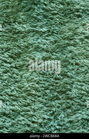 Green fur fleece throw blanket background.  Warm bedding for winter fall concept Stock Photo