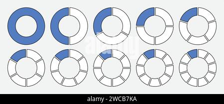 Hollow circle divided into 1-10 parts icon set in blue and white color with outline. Hollow circle segment diagram in 1-10 parts graph icon set. Stock Vector