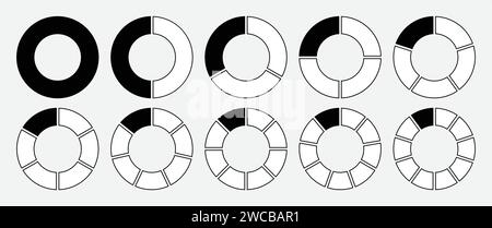 Hollow circle divided into 1-10 parts icon set in black and white color with outline. Hollow circle segment diagram in 1-10 parts graph icon pie shape Stock Vector