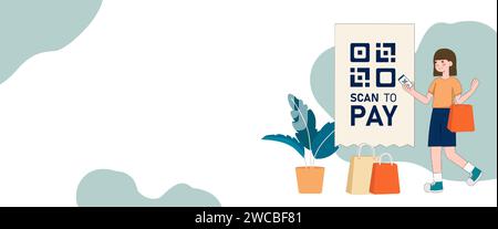 Vector Illustration, QR Code scanning Concept, Showing people scan code using smartphone, Suitable for landing page, UI, web, App intro card, and Stock Vector